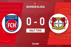 半场-勒沃库森暂0-0海登海姆 吉姆博近距离中横梁贝克造险